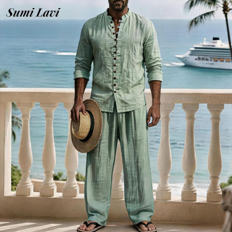 Mens Linen Shirt Long Sleeve - Setelan Dua Potong Kemeja Lengan Panjang