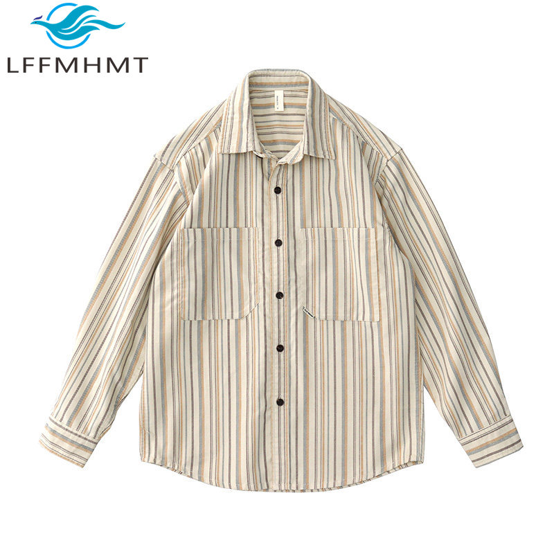 Corduroy Button Up Shirt Men - Kemeja Lengan Panjang Bergaris Warna Kontras,