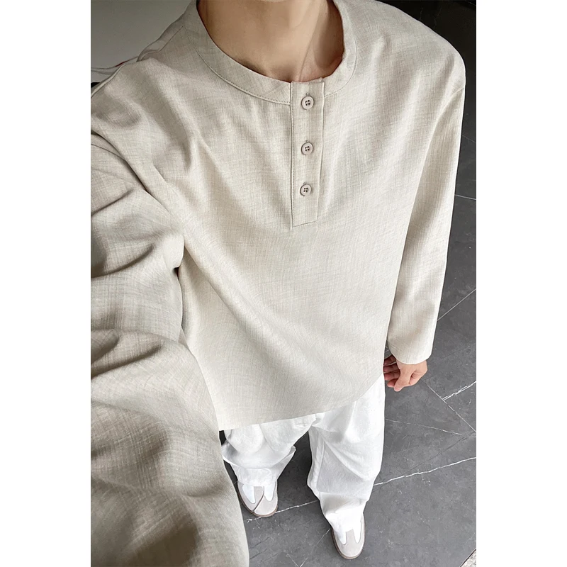 Mens Linen Shirt Long Sleeve - Kemeja Henley Kasual Pria Bahan Linen