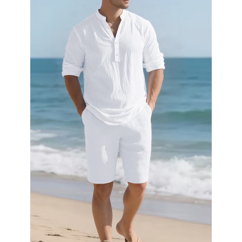 Mens Linen Shirt Long Sleeve - Setelan Dua Potong Linen Putih Pria,