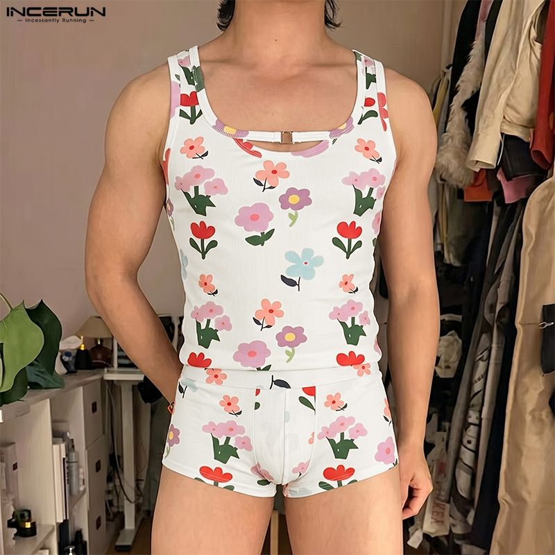 Shorts - INCERUN Set Pria Motif Bunga Pakaian