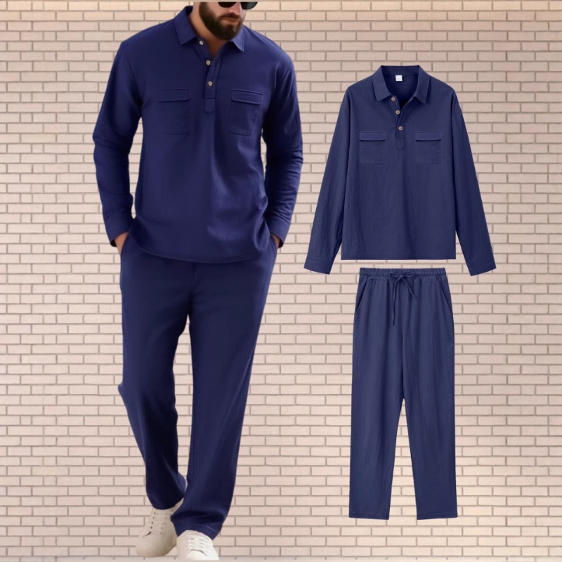 Mens Linen Shirt Long Sleeve - Setelan Linen Campuran Pria Dua Potong,
