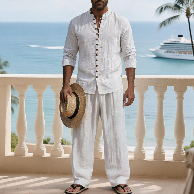 Setelan Dua Potong Kemeja Leng - Mens Linen Shirt Long Sleeve ulasan dan harga
