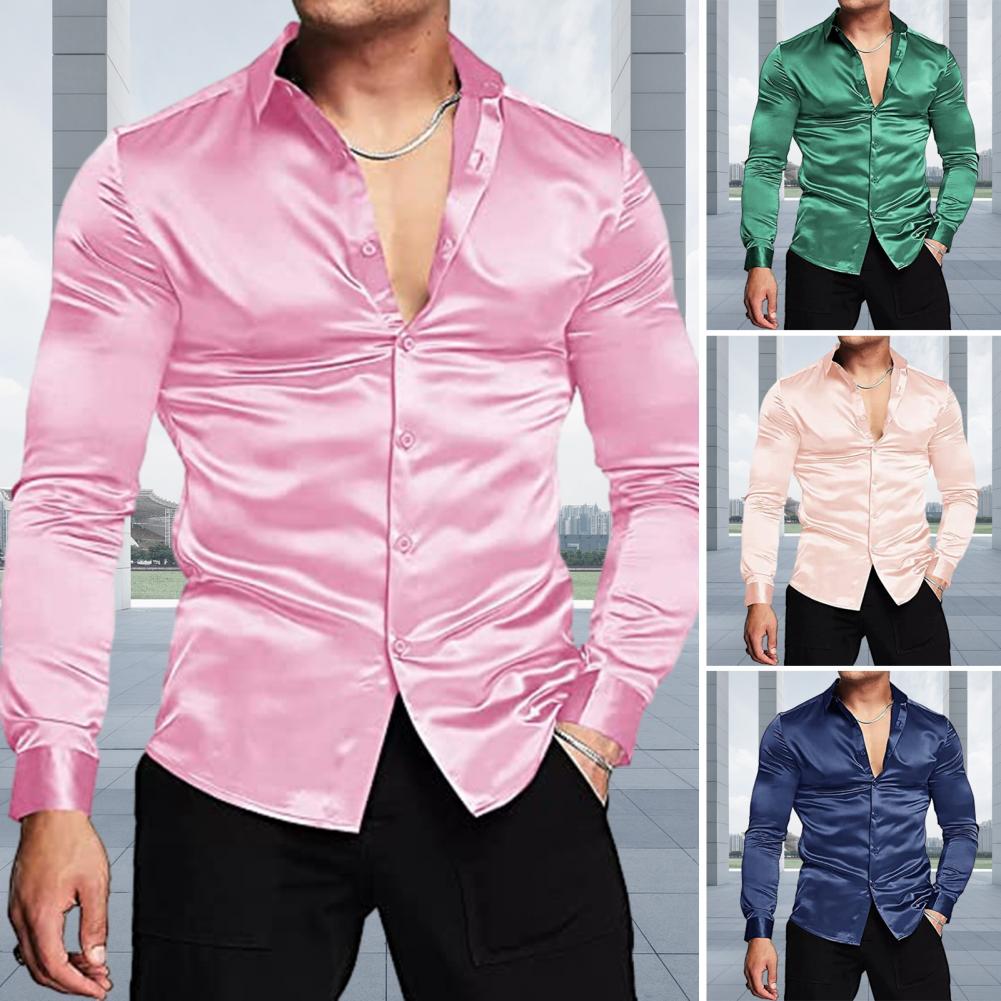 Kemeja mewah Satin sutra merah - Mens Satin Silk Dress Shirt ulasan dan harga