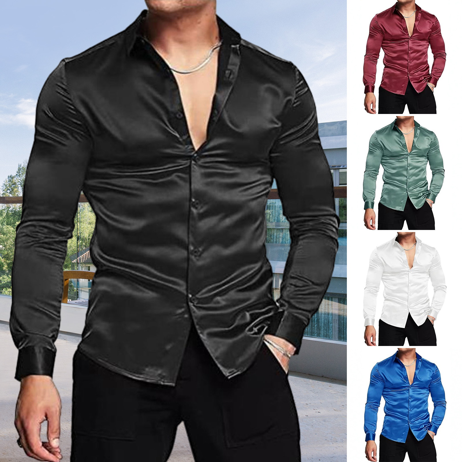 Kemeja mewah Satin sutra merah - Mens Satin Silk Dress Shirt ulasan dan harga