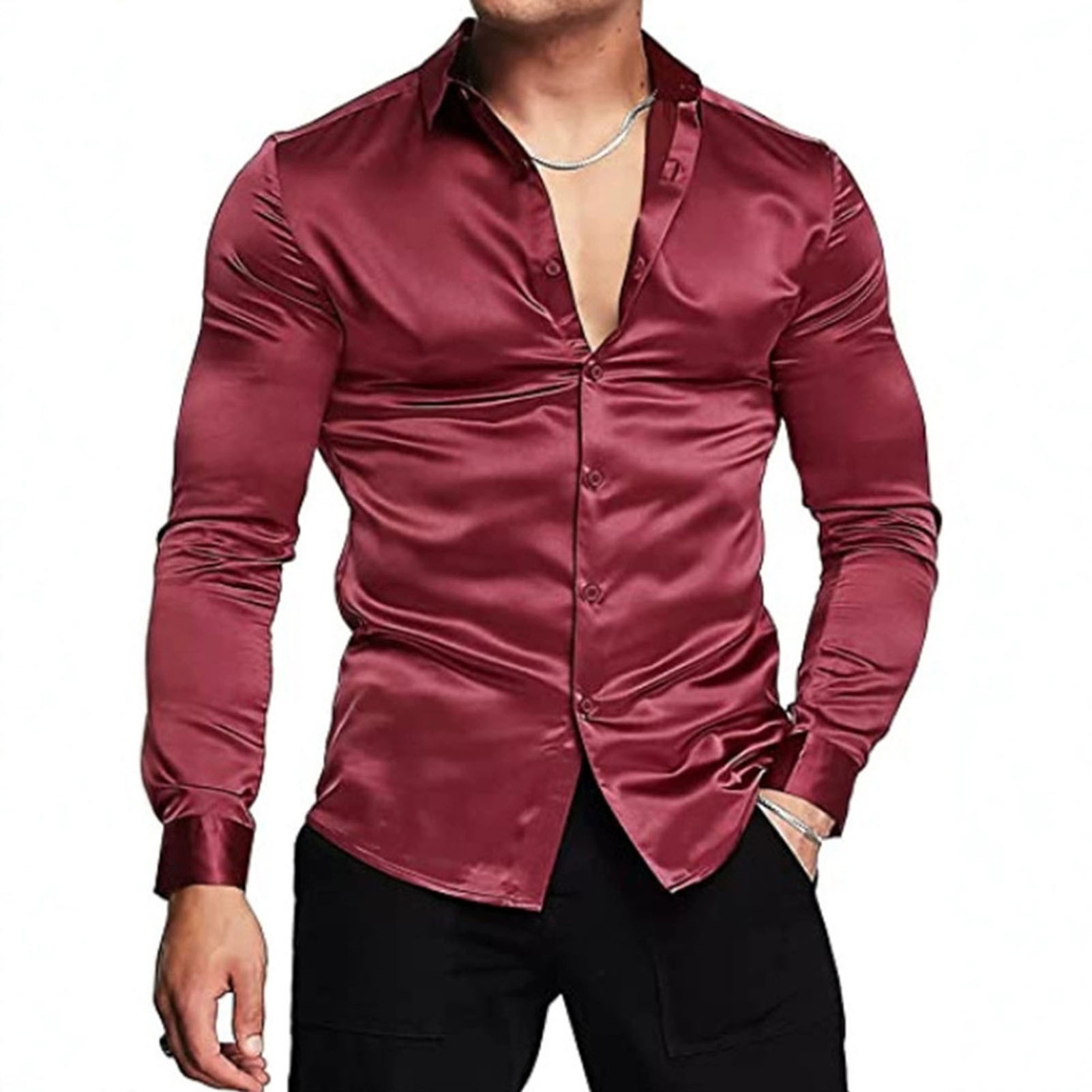 Kemeja mewah Satin sutra merah - Mens Satin Silk Dress Shirt ulasan dan harga