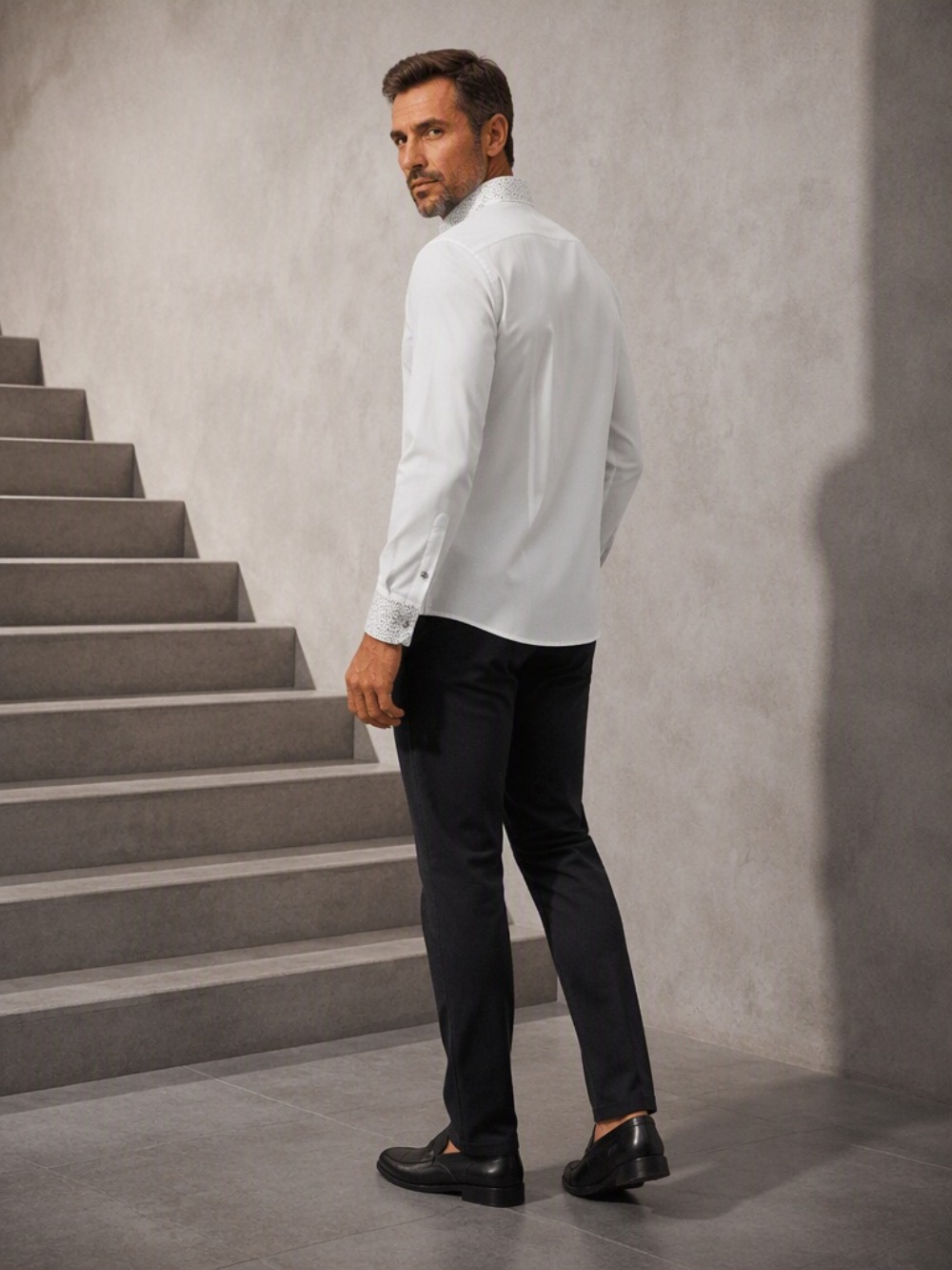 Blus kasual pria untuk bisnis, - Mandarin Collar Formal Shirt Slim Fit ulasan dan harga